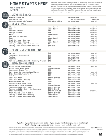 A detailed fee guide for moving in with a landlord, divided into sections such as move-in basics, essentials, personalized add-ons, and situational fees.